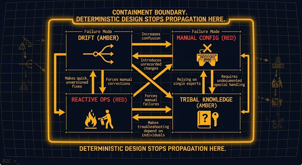 Infrastructure failure taxonomy diagram showing four failure modes — drift, manual configuration, reactive operations, and undocumented dependencies — with amber containment boundaries
