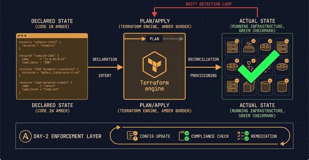 IaC system lens diagram showing declared state flowing through Terraform plan and apply to actual infrastructure state, with drift detection loop and Ansible Day-2 enforcement layer