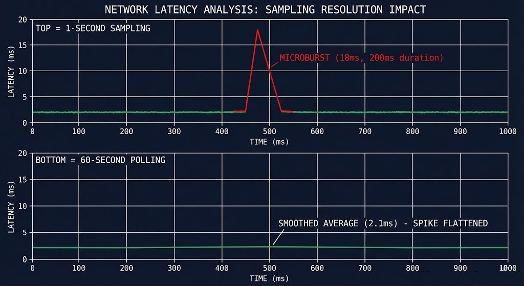 Network traffic graph showing microburst latency spike invisible to 60-second polling interval monitoring during Metro replication