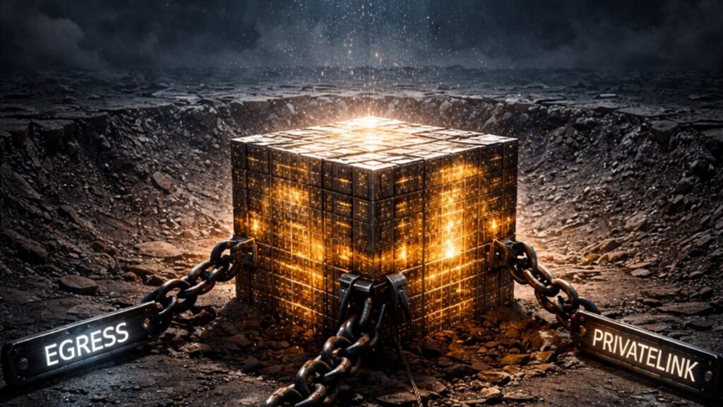 Brutalist illustration of data gravity and networking chains holding cloud data hostage.