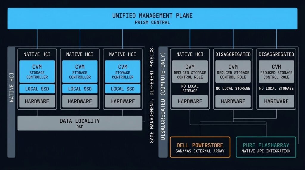 Nutanix disaggregated storage architecture diagram showing compute-only AHV nodes connecting to Dell PowerStore and Pure Storage FlashArray external arrays alongside standard HCI nodes