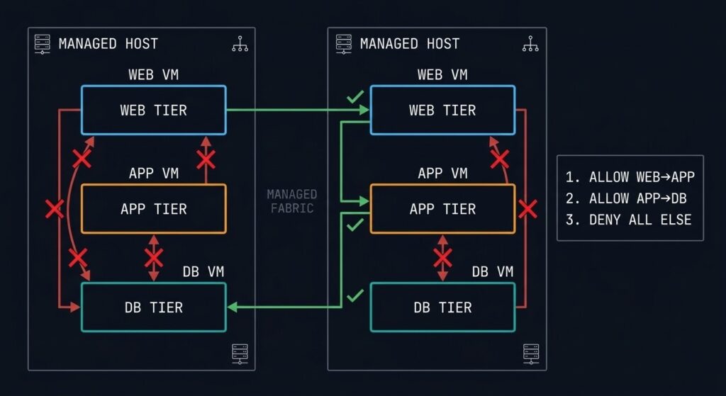 Nutanix Flow micro-segmentation architecture diagram showing category-based VM security policies and east-west traffic control across AHV hosts
