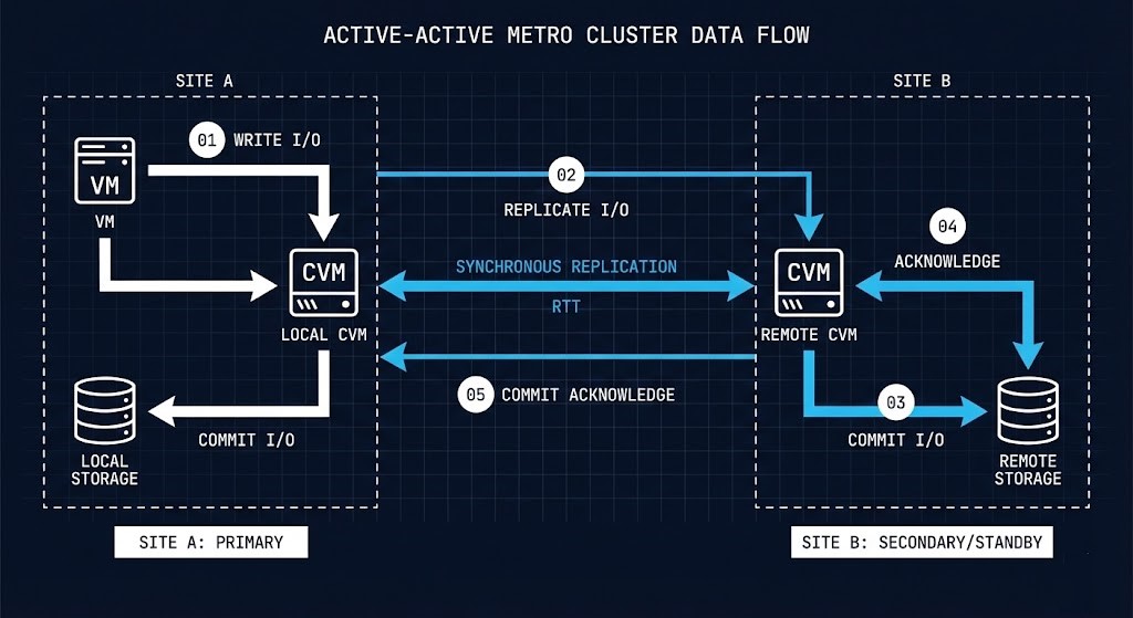 Nutanix Metro synchronous write path showing local CVM write replication to remote site with acknowledgment sequence