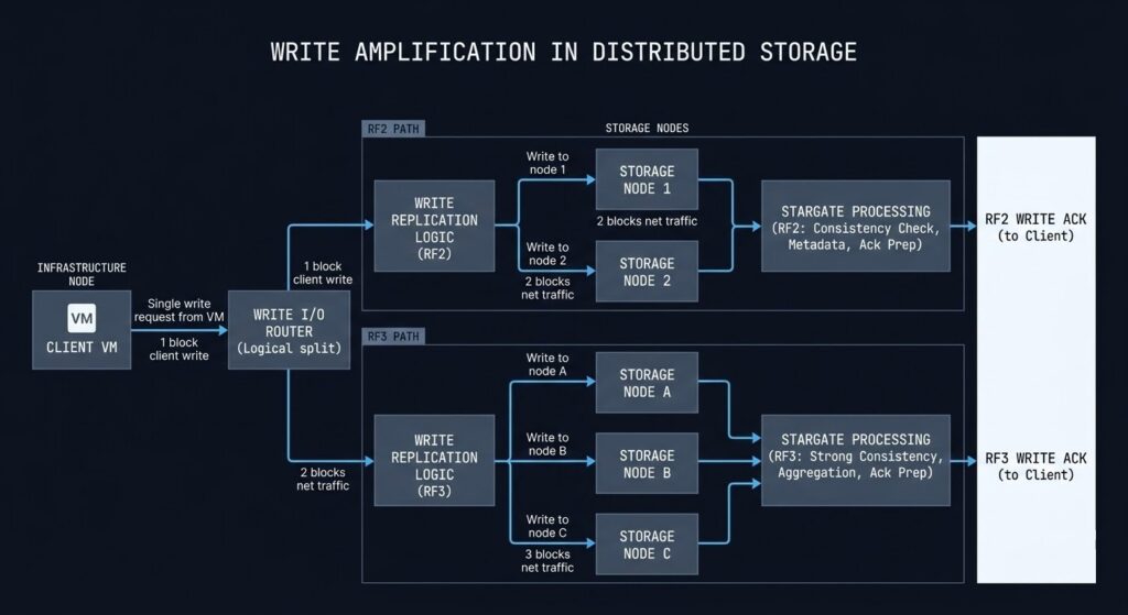 Distributed storage replication diagram showing write amplification for RF2 and RF3 policies