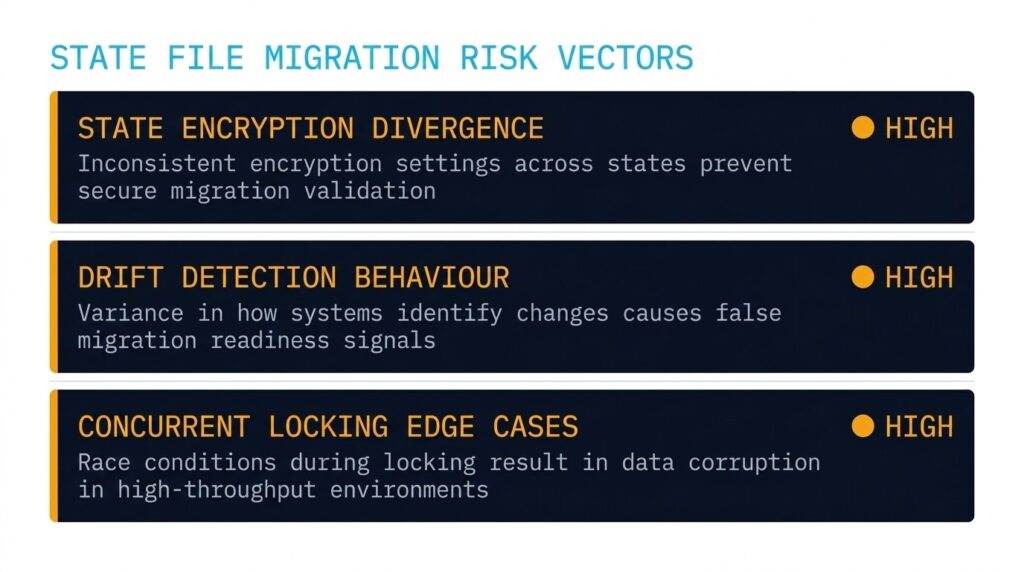 State file migration risk diagram showing encryption, drift detection and locking vectors