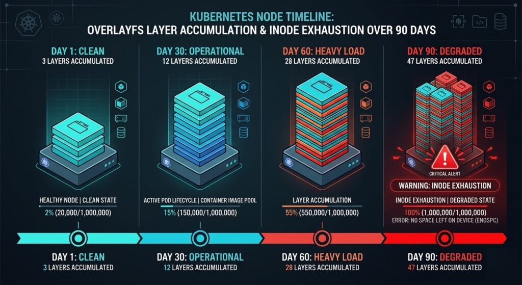 Timeline diagram showing OverlayFS layer accumulation on a Kubernetes node over 90 days, leading to image pull degradation and inode exhaustion
