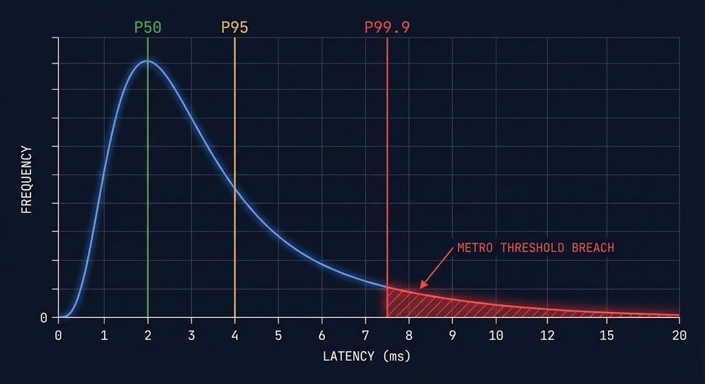 Latency distribution graph showing P50 P95 and P99.9 divergence under Metro cluster replication load