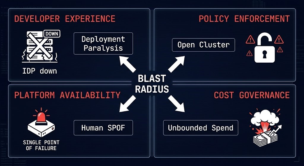 platform engineering failure domains developer experience policy enforcement platform availability cost governance blast radius