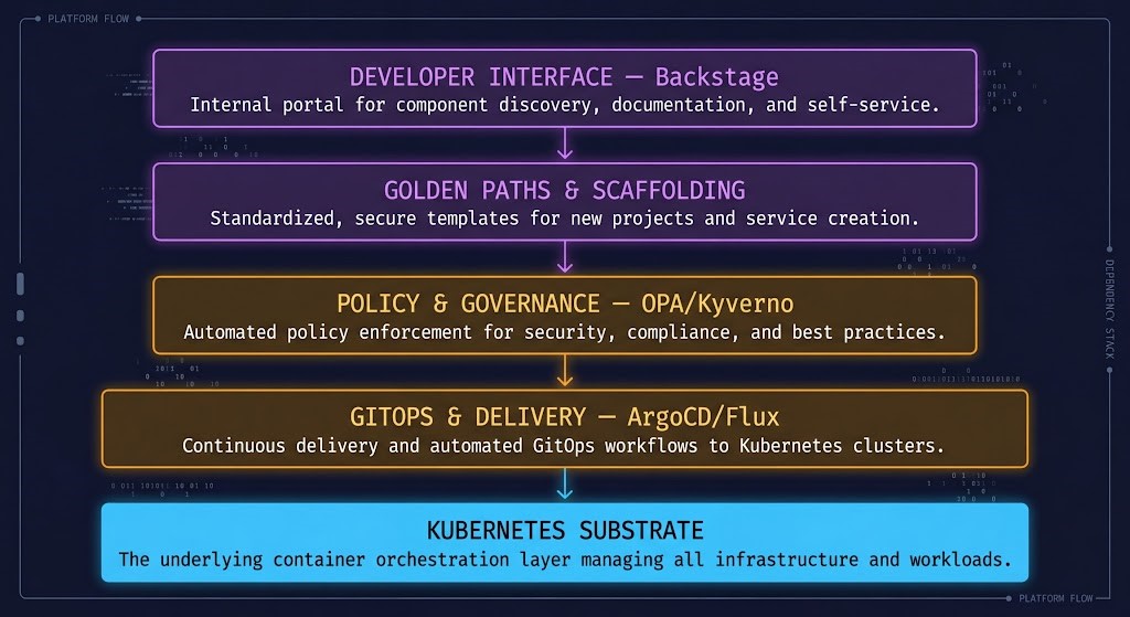 platform engineering internal developer platform stack layers backstage golden paths policy gitops kubernetes