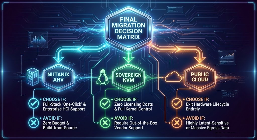 A flowchart infographic presenting a decision matrix for choosing between Nutanix AHV, Sovereign KVM, and Public Cloud based on specific architectural and business criteria.