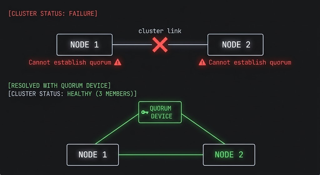 Proxmox 2-node quorum failure diagram showing split-brain scenario where neither node can establish quorum without a third node or quorum device