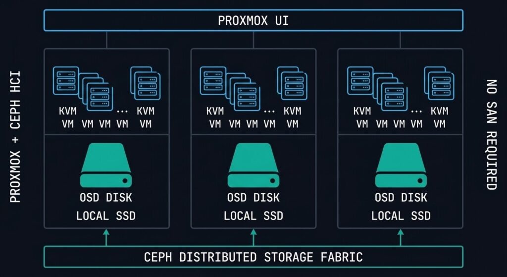 Proxmox VE and Ceph hyperconverged architecture diagram showing KVM VMs, Ceph OSD nodes, and distributed storage fabric