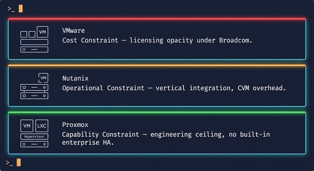 Three-way constraint model showing VMware cost constraint, Nutanix operational constraint, and Proxmox capability constraint