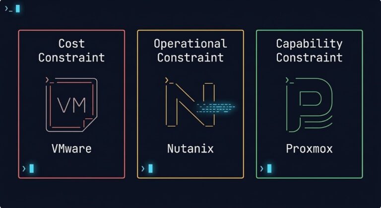 Proxmox vs Nutanix vs VMware post-Broadcom constraint comparison — three hypervisor platforms and the tradeoffs that define each