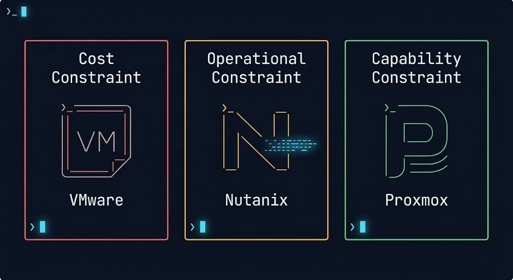 Proxmox vs Nutanix vs VMware post-Broadcom constraint comparison — three hypervisor platforms and the tradeoffs that define each