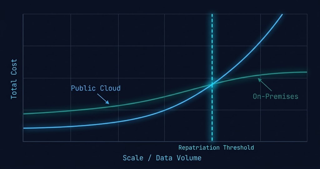 Cloud repatriation cost curve showing on-premises becoming cheaper than public cloud at scale