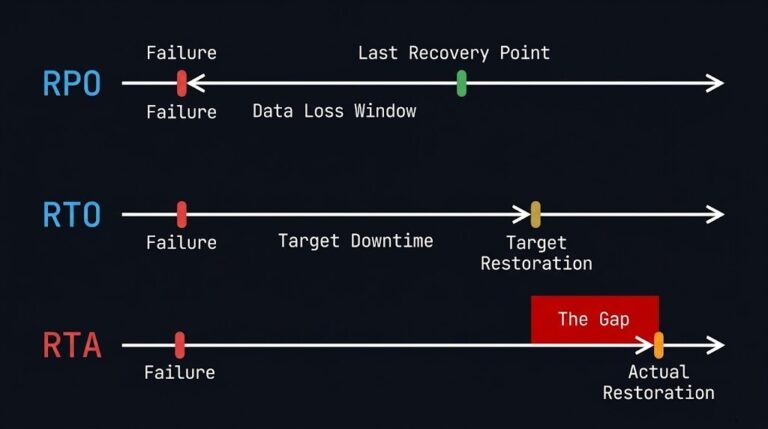 RPO vs RTO vs RTA architecture diagram showing the relationship between recovery objectives and recovery time actual
