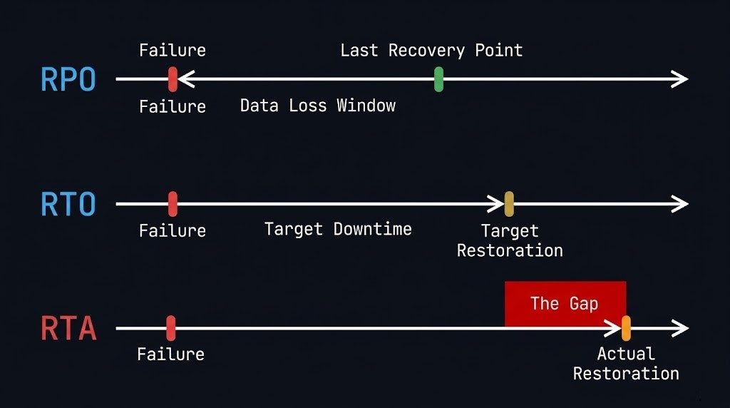 RPO vs RTO vs RTA architecture diagram showing the relationship between recovery objectives and recovery time actual