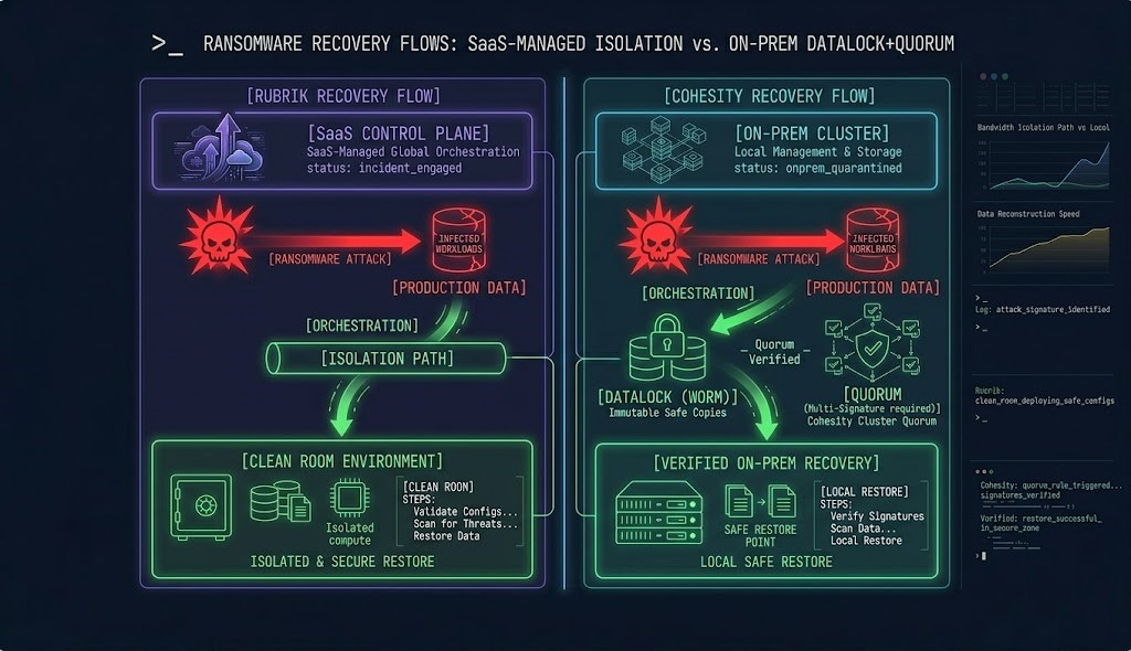 Rubrik vs Cohesity ransomware recovery architecture and clean room isolation