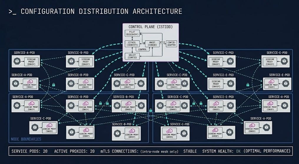 Service mesh architecture diagram showing control plane distributing policy to Envoy sidecar proxies across a Kubernetes cluster with mTLS enforcement between services