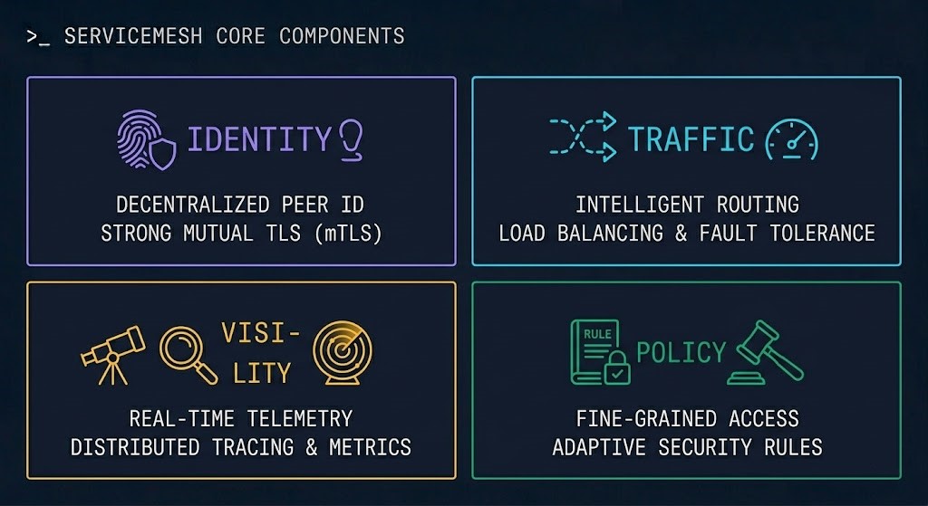 Service mesh four control surfaces diagram showing Identity Surface mTLS SPIFFE, Traffic Surface routing retries, Visibility Surface traces metrics, and Policy Surface authorization governance