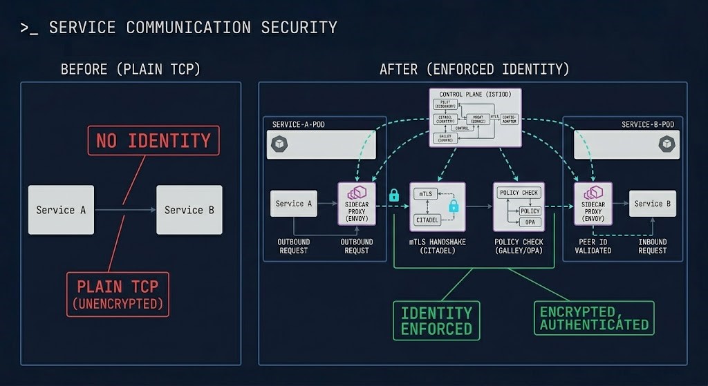 Side-by-side diagram showing direct service-to-service communication without a mesh versus sidecar-intercepted mTLS-enforced policy-checked communication with a service mesh