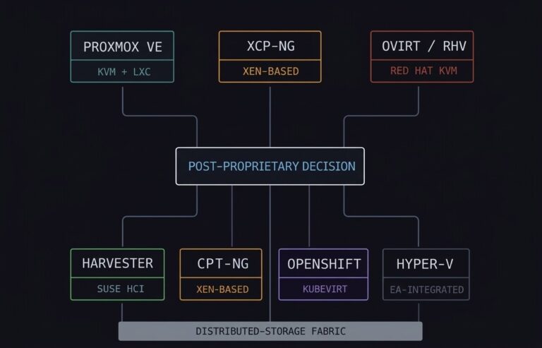 Sovereign virtualization architecture platform map showing Proxmox, XCP-ng, oVirt, Harvester, OpenShift Virtualization, and Hyper-V as alternative hypervisor paths