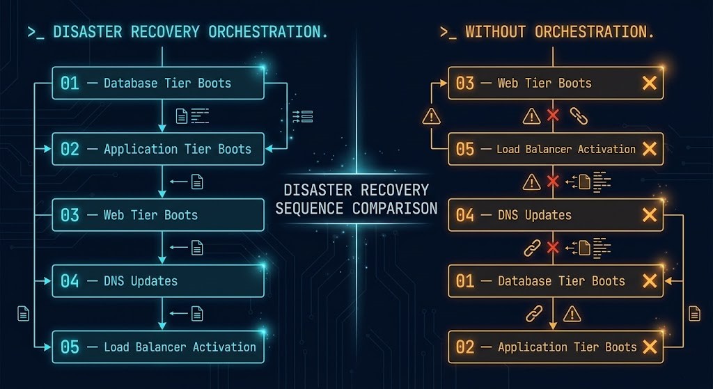 Diagram illustrating a correct SRM recovery plan boot sequence versus the disordered failover result when orchestration logic is not translated during VMware to Nutanix migration.