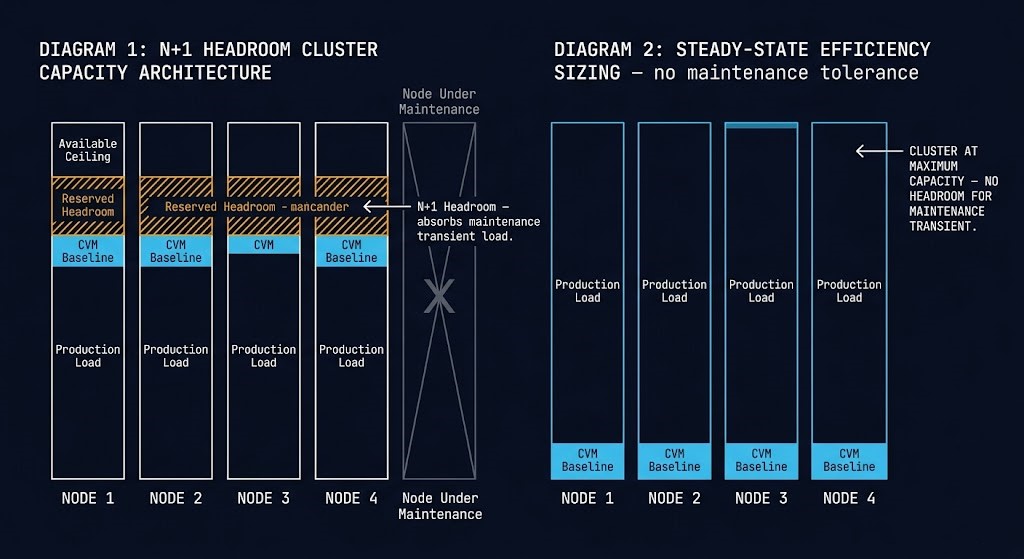 Architecture diagram comparing N+1 headroom sizing with reserved maintenance capacity versus steady-state efficiency sizing with no maintenance tolerance, showing why the headroom band is required for safe rolling upgrades.