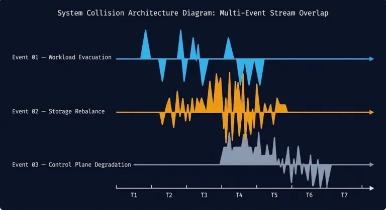 Rolling maintenance AHV upgrade event collision diagram showing workload evacuation, storage rebalance, and control plane degradation on a shared maintenance timeline.