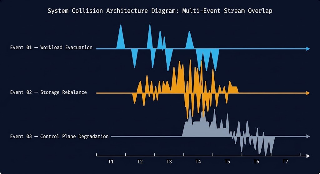 Rolling maintenance AHV upgrade event collision diagram showing workload evacuation, storage rebalance, and control plane degradation on a shared maintenance timeline.