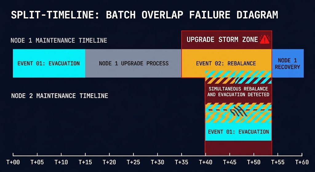 Diagram showing two overlapping node maintenance sequences where Node 2's workload evacuation begins at T+40 while Node 1's storage rebalance is still active, creating upgrade storm conditions.