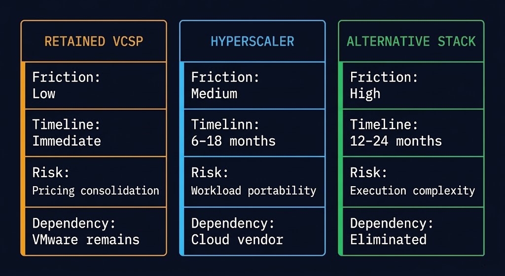 VMware VCSP termination migration path comparison showing retained VCSP, hyperscaler, and alternative stack options with risk and timeline profiles
