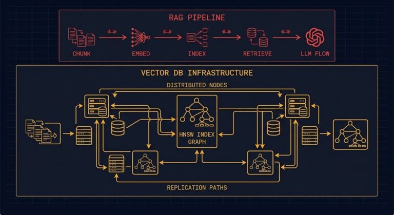 Vector database infrastructure architecture diagram showing distributed index topology with replication, amber infrastructure layer and red RAG pipeline layer above it
