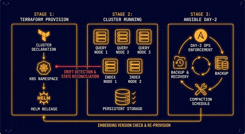 Vector database IaC deployment flow showing Terraform provisioning cluster, Helm chart deployment to Kubernetes, and Ansible Day-2 operational enforcement loop with amber infrastructure labels