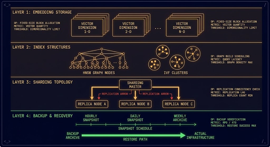Vector database infrastructure anatomy diagram showing embedding storage layer, index structures, sharding topology, and replication layer with amber infrastructure labels and operational annotation