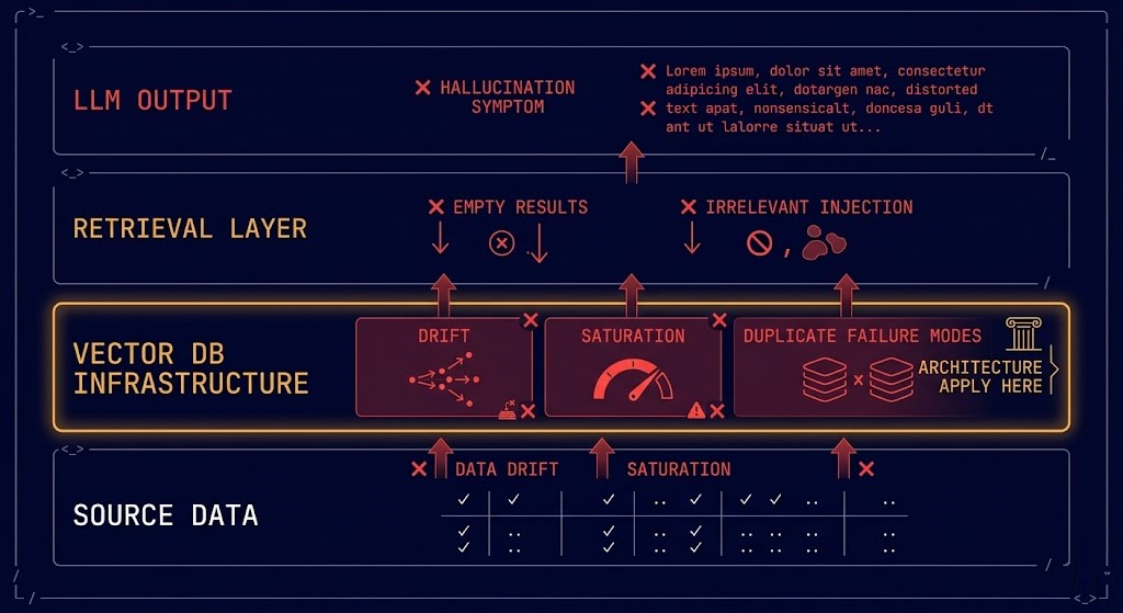 RAG failure layer diagram showing infrastructure failures at vector DB layer — index drift, node saturation, ingestion duplicates — producing hallucinated LLM output at the top layer