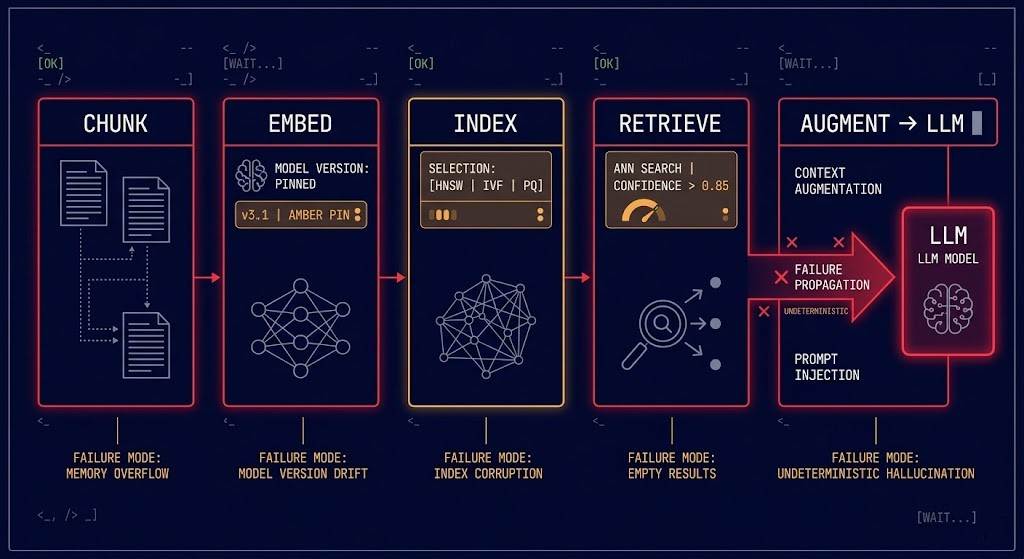 RAG pipeline diagram with red AI accent showing five stages — chunk, embed, index, retrieve, augment — with infrastructure failure points annotated at each stage in amber