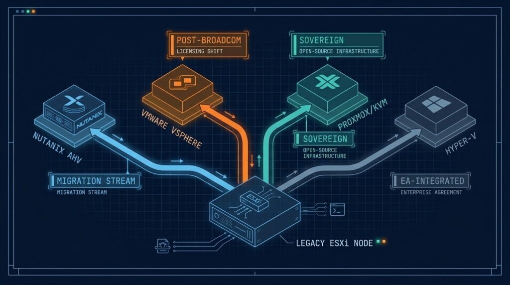 Virtualization architecture platform comparison showing AHV, vSphere, Proxmox and Hyper-V as distinct infrastructure paths