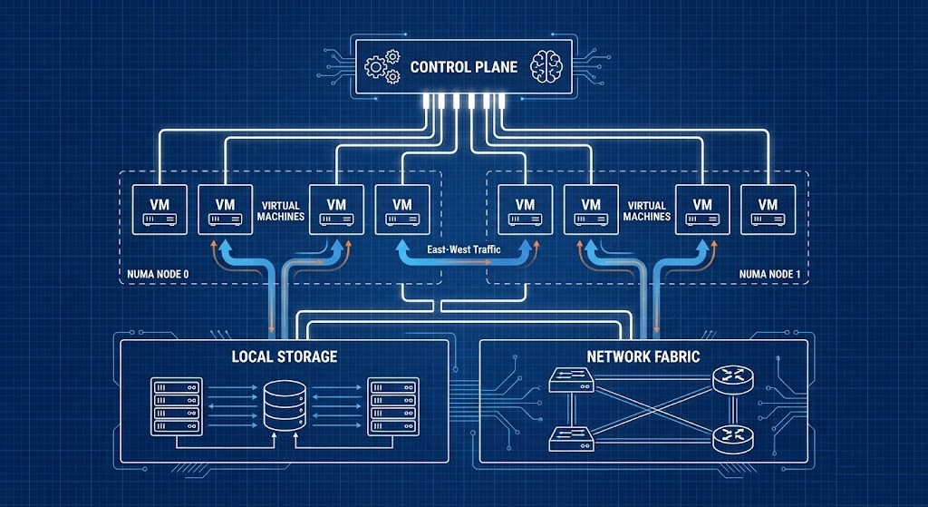 Technical diagram of hypervisor control plane managing virtual machines, storage, and east-west traffic in modern virtualization architecture.