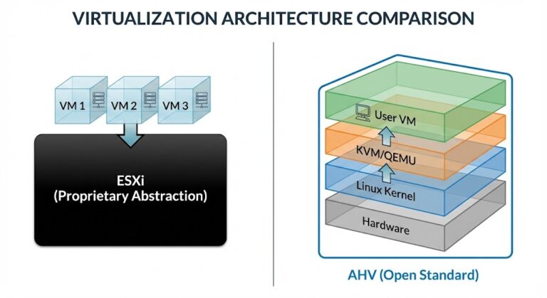Diagram comparing VMware ESXi monolithic abstraction layer with Nutanix AHV open KVM-managed QEMU architecture.