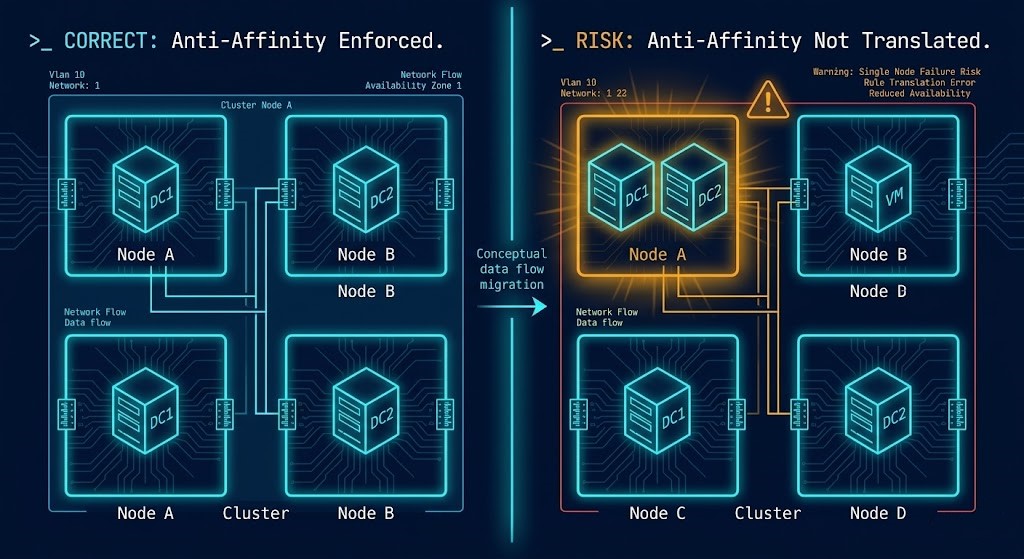 Diagram comparing correct DRS anti-affinity enforcement keeping domain controllers on separate hosts versus the post-migration failure scenario where both land on the same node.