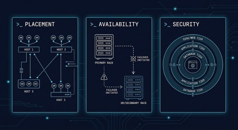 Diagram showing the three VMware policy domains — placement, availability, and security — as distinct architectural layers requiring translation during migration to Nutanix AHV.