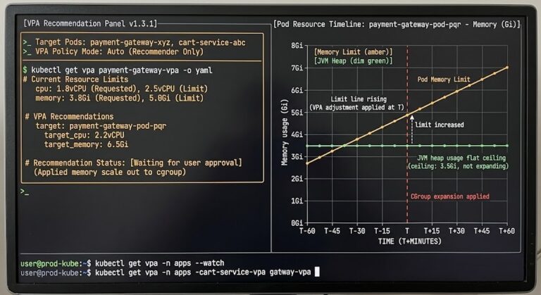 Vertical Pod Autoscaler in production — VPA recommendation panel showing resource limits and the JVM heap ceiling that does not move