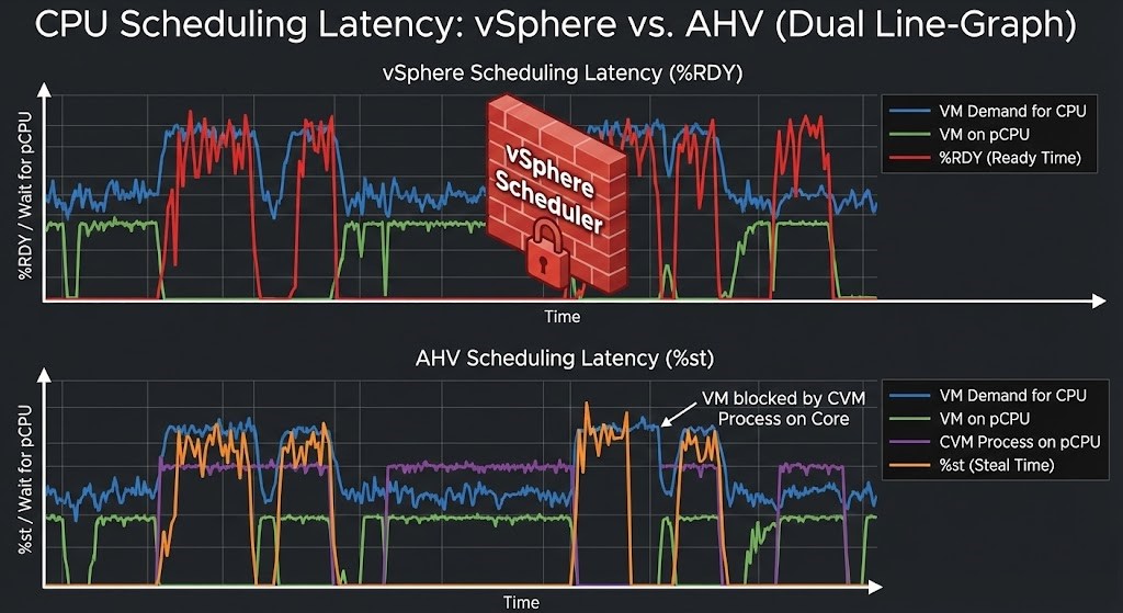 Chart demonstrating the difference between vSphere CPU Ready Time contention and AHV CPU Steal Time arbitration.