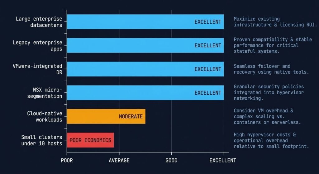 Workload fit diagram showing VMware vSphere excellent fit for large enterprise datacenters and legacy apps, moderate for cloud-native, poor economics for small clusters