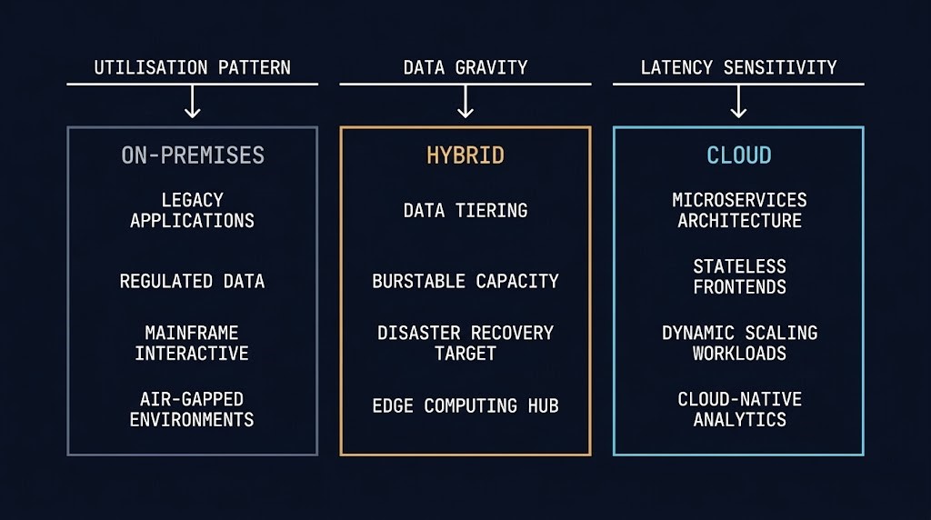 Workload fit decision framework diagram showing cloud, hybrid, and on-premises placement criteria