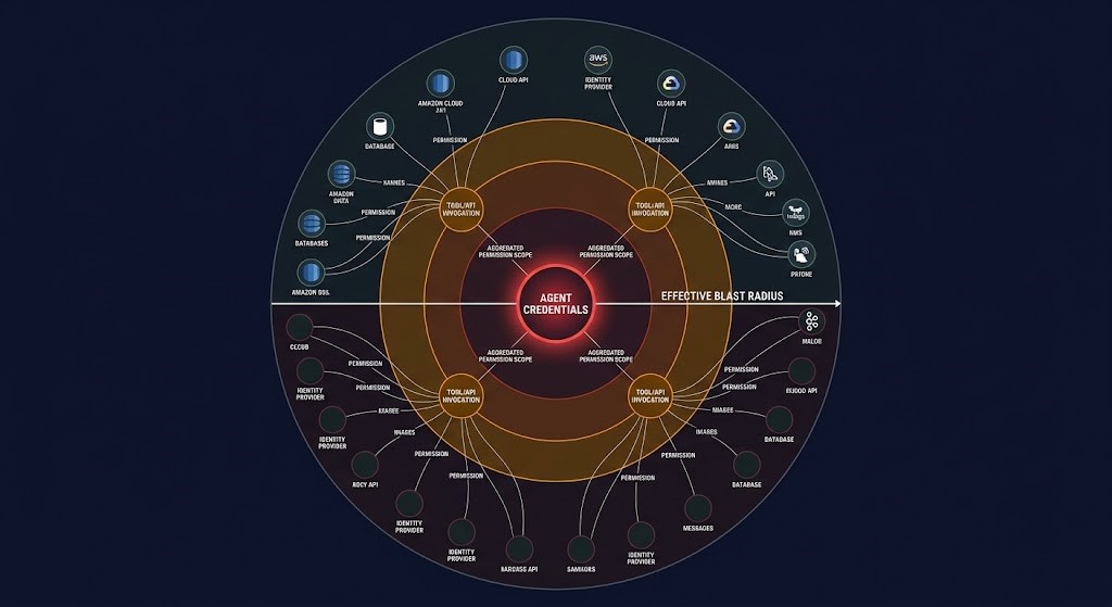 diagram showing agentic AI blast radius from credential amplification across connected systems without scope boundary