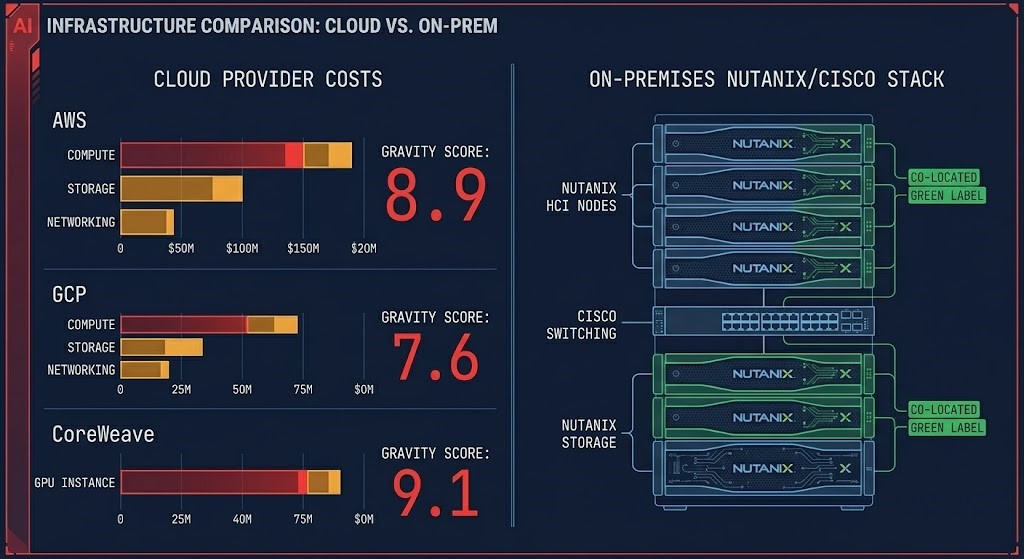 AI gravity & placement engine — Token TCO and data gravity scoring for Llama 3 70B BF16 across cloud and on-prem infrastructure