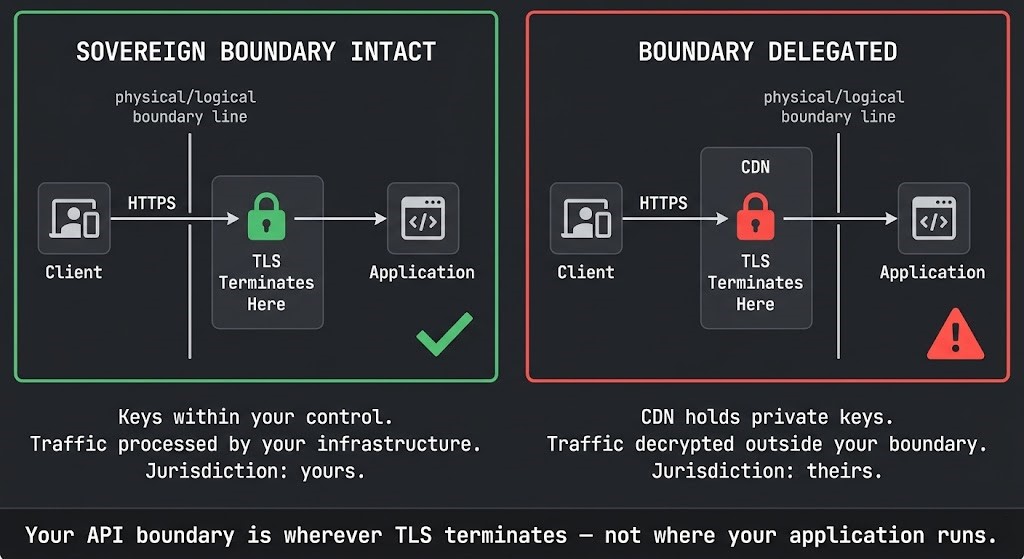 API boundary sovereignty diagram showing binary TLS termination decision — sovereign boundary intact when TLS terminates inside versus boundary delegated when TLS terminates at CDN